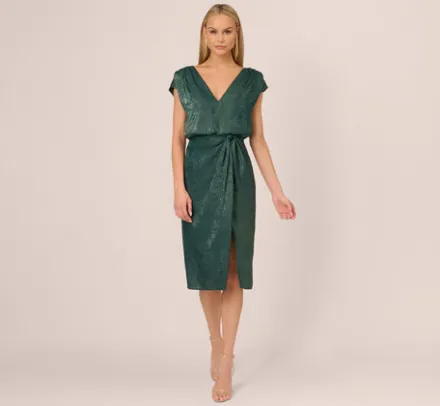 Adrianna Papell Wedding Guest Dresses|Petite-Friendly*Foil Blouson Midi Dress With Faux Wrap Skirt In Dark Ivy