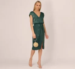 Adrianna Papell Wedding Guest Dresses|Petite-Friendly*Foil Blouson Midi Dress With Faux Wrap Skirt In Dark Ivy