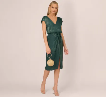 Adrianna Papell Wedding Guest Dresses|Petite-Friendly*Foil Blouson Midi Dress With Faux Wrap Skirt In Dark Ivy