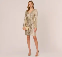 Adrianna Papell Wedding Guest Dresses|Day Dresses*Foil Knit Faux Wrap Dress With Long Sleeves In Light Gold