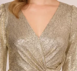 Adrianna Papell Wedding Guest Dresses|Day Dresses*Foil Knit Faux Wrap Dress With Long Sleeves In Light Gold
