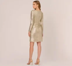 Adrianna Papell Wedding Guest Dresses|Day Dresses*Foil Knit Faux Wrap Dress With Long Sleeves In Light Gold