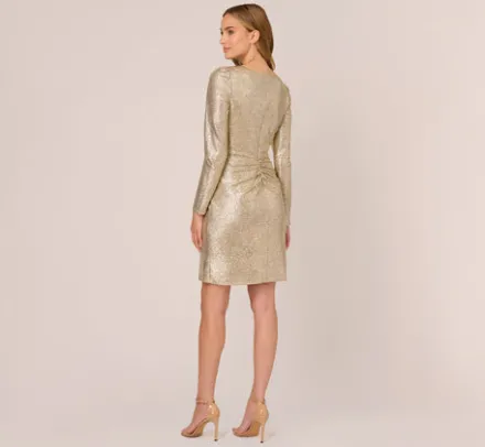 Adrianna Papell Wedding Guest Dresses|Day Dresses*Foil Knit Faux Wrap Dress With Long Sleeves In Light Gold