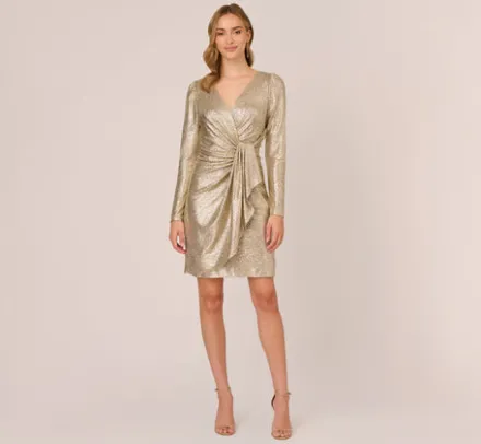 Adrianna Papell Wedding Guest Dresses|Day Dresses*Foil Knit Faux Wrap Dress With Long Sleeves In Light Gold