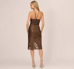 Adrianna Papell Wedding Guest Dresses|Petite-Friendly*Foil Lace Halter Dress With Sheer Tulip Skirt In