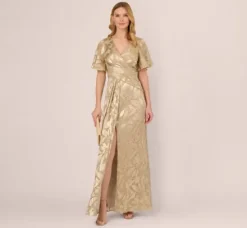 Adrianna Papell Wedding Guest Dresses|Formal Dresses*Foil Leaf Short Sleeve Gown With Draped Details In Champagne Gold