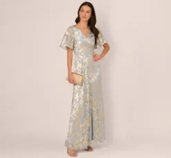 Adrianna Papell Wedding Guest Dresses|Formal Dresses*Foil Leaf Short Sleeve Gown With Draped Details In Light Blue Gold