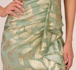 Adrianna Papell Wedding Guest Dresses|Formal Dresses*Foil Printed Asymmetric Gown With Ruffled Detail In Sage Gold