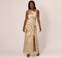 Adrianna Papell Wedding Guest Dresses|Formal Dresses*Foil Printed Asymmetric Gown With Ruffled Detail In Champagne Gold