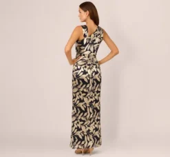 Adrianna Papell Wedding Guest Dresses|Formal Dresses*Foil Printed Asymmetric Gown With Ruffled Detail In Navy Gold