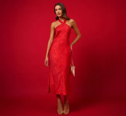 Adrianna Papell Wedding Guest Dresses|Petite-Friendly*Foil Woven Halter Midi Dress In