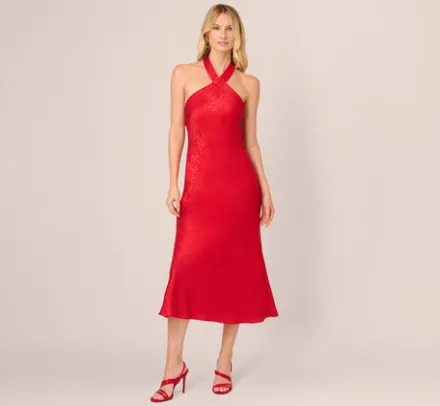 Adrianna Papell Wedding Guest Dresses|Petite-Friendly*Foil Woven Halter Midi Dress In