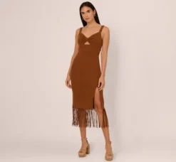 Adrianna Papell Wedding Guest Dresses|Day Dresses*Fringe Trim Midi Dress With Keyhole Cutout Bust In Light Brown