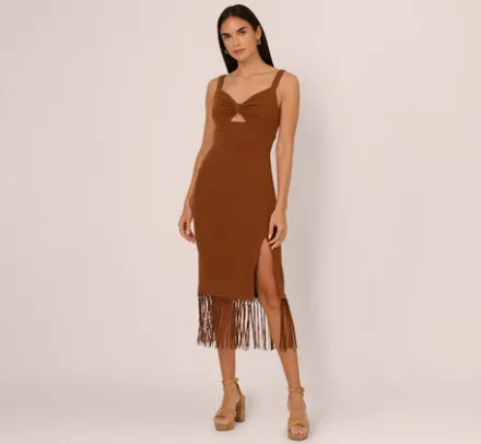 Adrianna Papell Wedding Guest Dresses|Day Dresses*Fringe Trim Midi Dress With Keyhole Cutout Bust In Light Brown