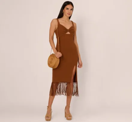 Adrianna Papell Wedding Guest Dresses|Day Dresses*Fringe Trim Midi Dress With Keyhole Cutout Bust In Light Brown