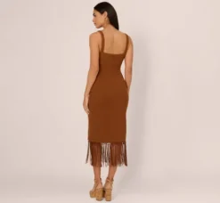 Adrianna Papell Wedding Guest Dresses|Day Dresses*Fringe Trim Midi Dress With Keyhole Cutout Bust In Light Brown