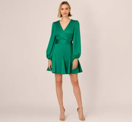 Adrianna Papell Wedding Guest Dresses|Day Dresses*Godet Faux Wrap Short Dress In Radiant Emerald