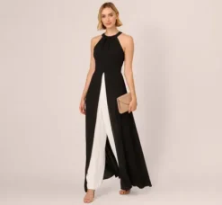 Adrianna Papell Jumpsuits|Day Dresses*Halter Crepe Overlay Jumpsuit In Black Ivory
