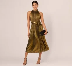 Adrianna Papell Wedding Guest Dresses|Day Dresses*Halter Pleated Metallic Dress In