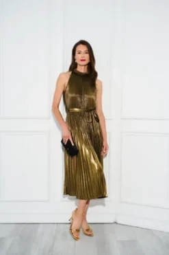 Adrianna Papell Wedding Guest Dresses|Day Dresses*Halter Pleated Metallic Dress In