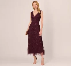 Adrianna Papell Wedding Guest Dresses|Formal Dresses*Hand-Beaded Ankle-Length Dress In Night Plum