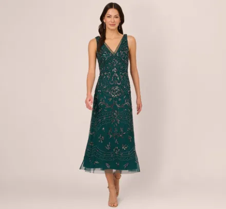 Adrianna Papell Wedding Guest Dresses|Formal Dresses*Hand-Beaded Ankle-Length Dress In Gem Green