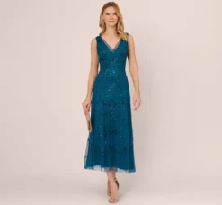 Adrianna Papell Wedding Guest Dresses|Formal Dresses*Hand-Beaded Ankle-Length Dress In Teal Sapphire
