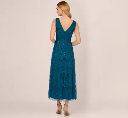 Adrianna Papell Wedding Guest Dresses|Formal Dresses*Hand-Beaded Ankle-Length Dress In Teal Sapphire