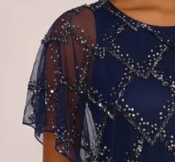 Adrianna Papell Wedding Guest Dresses|Formal Dresses*Hand-Beaded Blouson Long Gown With Flutter Sleeves In Light Navy