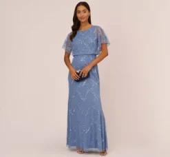 Adrianna Papell Wedding Guest Dresses|Formal Dresses*Hand-Beaded Blouson Long Gown With Flutter Sleeves In French Blue
