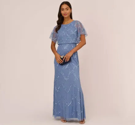 Adrianna Papell Wedding Guest Dresses|Formal Dresses*Hand-Beaded Blouson Long Gown With Flutter Sleeves In French Blue