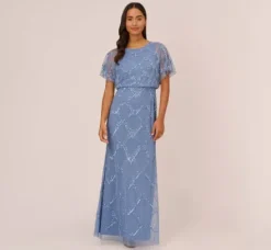 Adrianna Papell Wedding Guest Dresses|Formal Dresses*Hand-Beaded Blouson Long Gown With Flutter Sleeves In French Blue