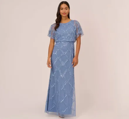 Adrianna Papell Wedding Guest Dresses|Formal Dresses*Hand-Beaded Blouson Long Gown With Flutter Sleeves In French Blue
