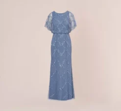 Adrianna Papell Wedding Guest Dresses|Formal Dresses*Hand-Beaded Blouson Long Gown With Flutter Sleeves In French Blue