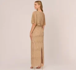 Adrianna Papell Wedding Guest Dresses|Formal Dresses*Hand-Beaded Illusion Long Column Blouson Gown In Champagne Gold