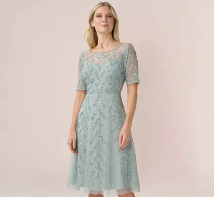 Adrianna Papell Wedding Guest Dresses|Petite-Friendly*Hand-Beaded Illusion Midi-Length Fit-And-Flare Cocktail Dress In Frosted Sage