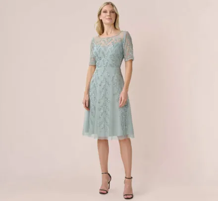 Adrianna Papell Wedding Guest Dresses|Petite-Friendly*Hand-Beaded Illusion Midi-Length Fit-And-Flare Cocktail Dress In Frosted Sage