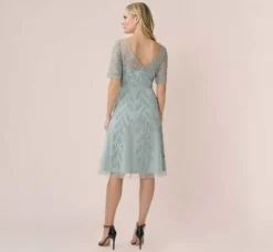Adrianna Papell Wedding Guest Dresses|Petite-Friendly*Hand-Beaded Illusion Midi-Length Fit-And-Flare Cocktail Dress In Frosted Sage
