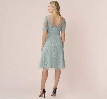Adrianna Papell Wedding Guest Dresses|Petite-Friendly*Hand-Beaded Illusion Midi-Length Fit-And-Flare Cocktail Dress In Frosted Sage