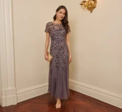 Adrianna Papell Wedding Guest Dresses|Formal Dresses*Hand Beaded Short Sleeve Floral Godet Gown In
