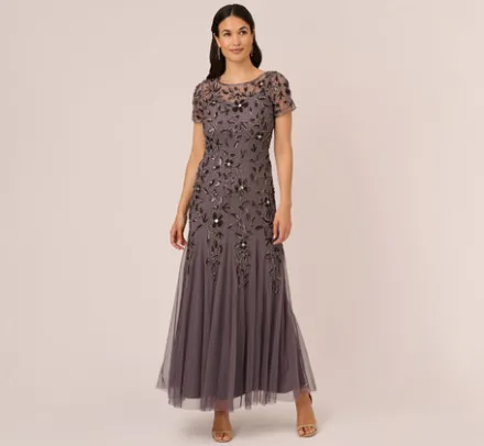 Adrianna Papell Wedding Guest Dresses|Formal Dresses*Hand Beaded Short Sleeve Floral Godet Gown In