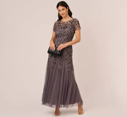 Adrianna Papell Wedding Guest Dresses|Formal Dresses*Hand Beaded Short Sleeve Floral Godet Gown In