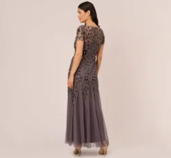 Adrianna Papell Wedding Guest Dresses|Formal Dresses*Hand Beaded Short Sleeve Floral Godet Gown In