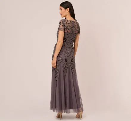 Adrianna Papell Wedding Guest Dresses|Formal Dresses*Hand Beaded Short Sleeve Floral Godet Gown In