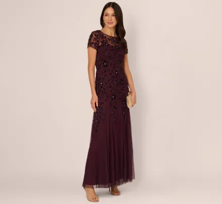 Adrianna Papell Wedding Guest Dresses|Formal Dresses*Hand Beaded Short Sleeve Floral Godet Gown In Night Plum
