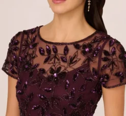 Adrianna Papell Wedding Guest Dresses|Formal Dresses*Hand Beaded Short Sleeve Floral Godet Gown In Night Plum