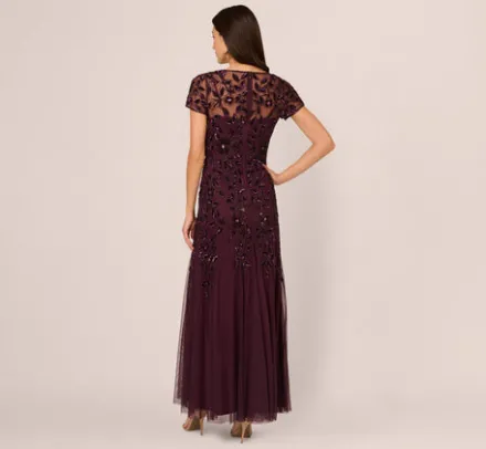 Adrianna Papell Wedding Guest Dresses|Formal Dresses*Hand Beaded Short Sleeve Floral Godet Gown In Night Plum