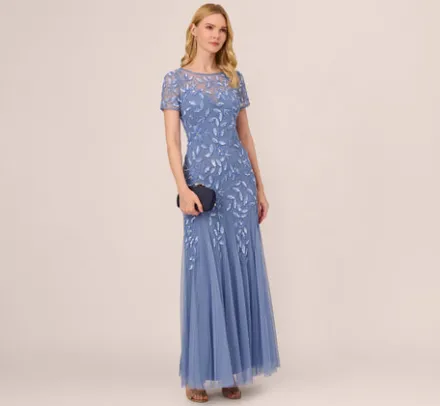Adrianna Papell Wedding Guest Dresses|Formal Dresses*Hand Beaded Short Sleeve Floral Godet Gown In French Blue