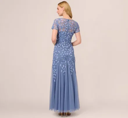 Adrianna Papell Wedding Guest Dresses|Formal Dresses*Hand Beaded Short Sleeve Floral Godet Gown In French Blue