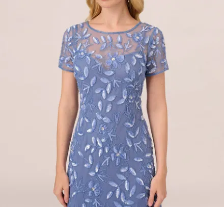 Adrianna Papell Wedding Guest Dresses|Formal Dresses*Hand Beaded Short Sleeve Floral Godet Gown In French Blue